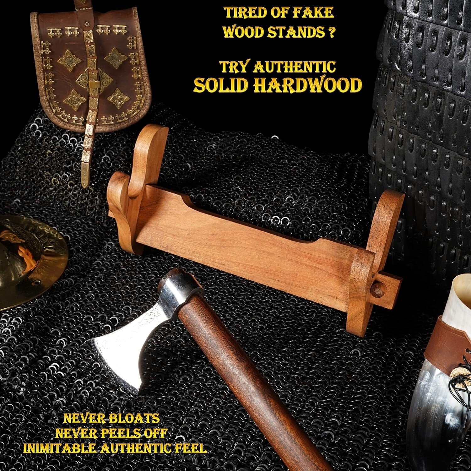 Handcrafted Acacia Wood Sword Display Stand, Wall Mount for Collectors 16" x 7"