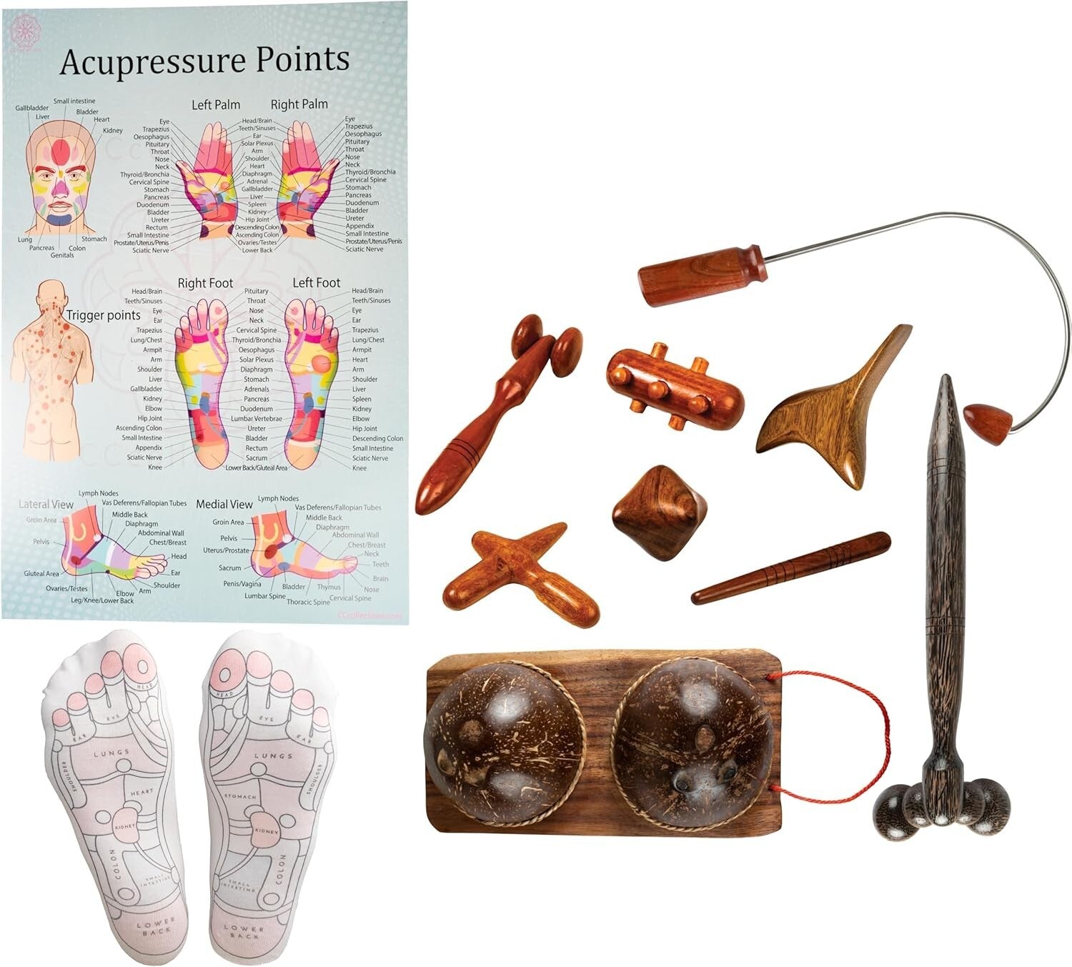 Diverse Wooden Massage Tools Set with Reflexology Socks and Educational Guides