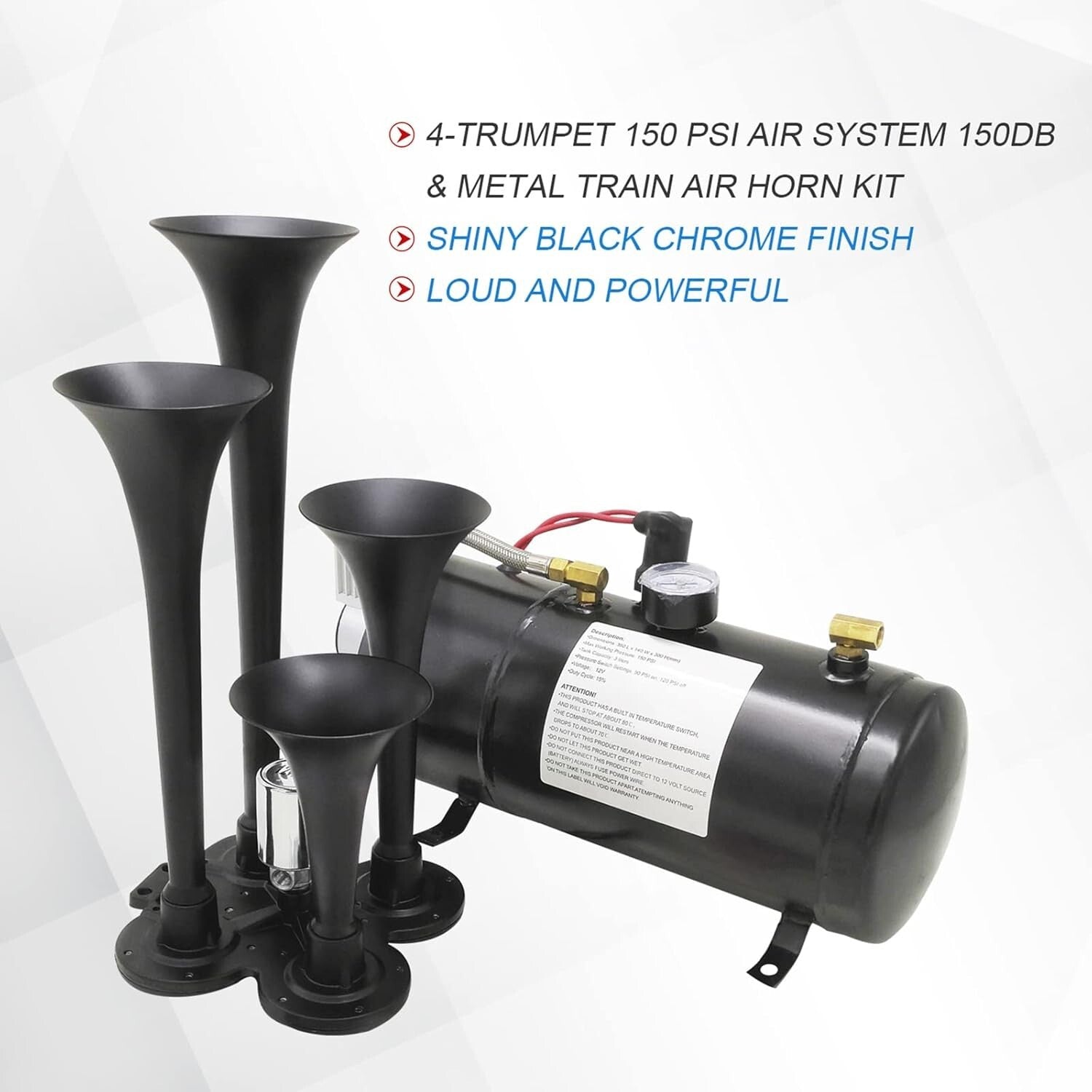 Super Loud 4 Trumpet Air Horn Kit with 150 PSI Compressor for Trucks and SUVs