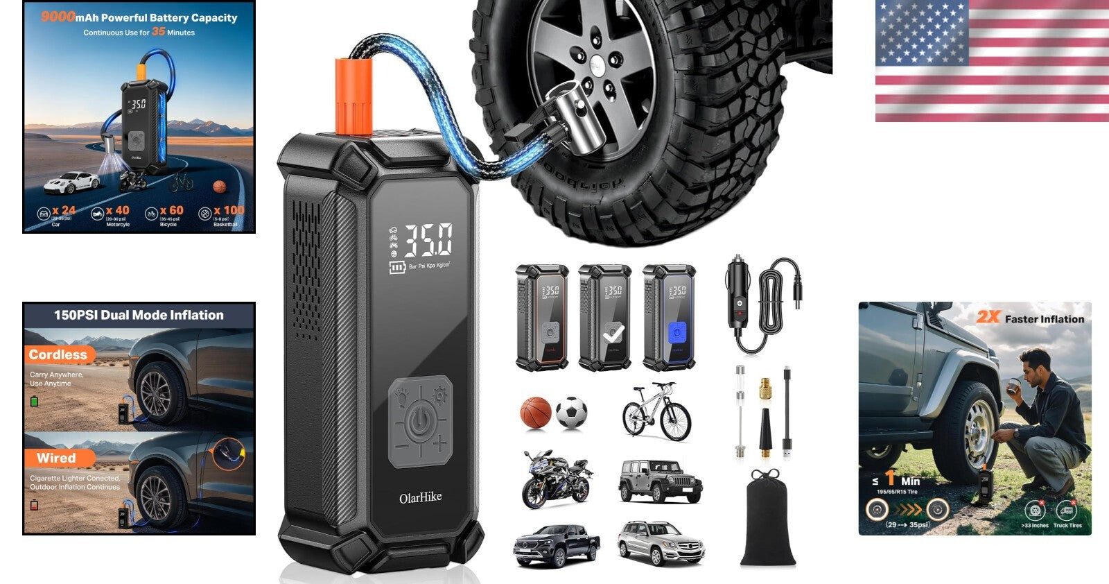 Fast Charging 9000mAh Cordless Tire Inflator with 5 Accessories and Storage Bag