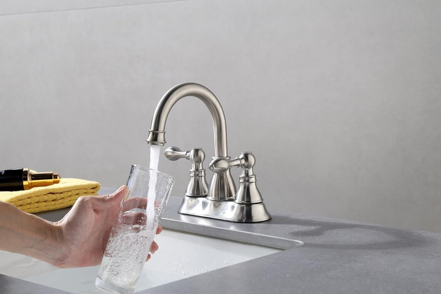 Elegant 2 Handle Brushed Nickel Bathroom Faucet with 360° Swivel & Pop Up Drain