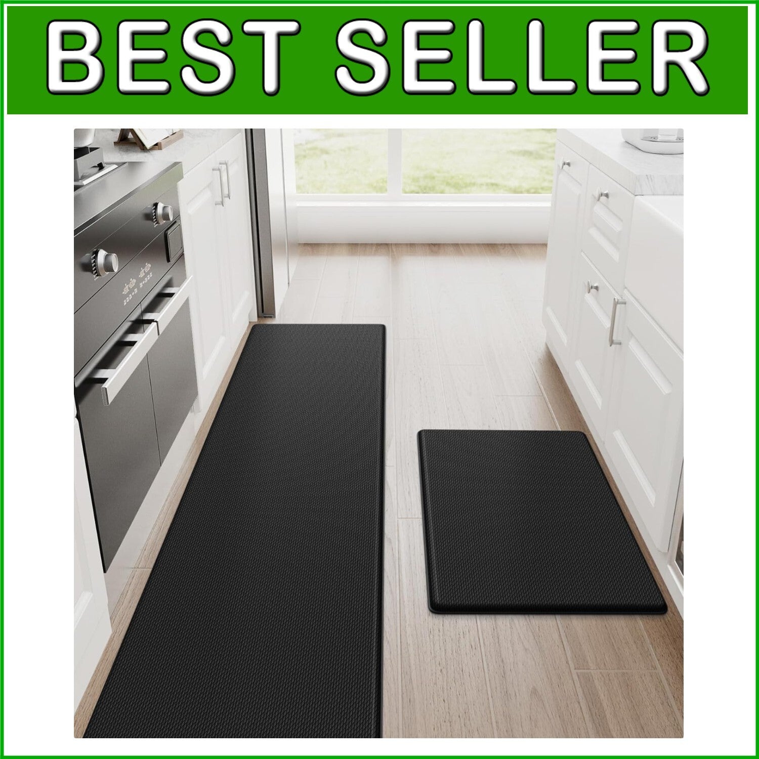 Black Non-Slip Anti-Fatigue Kitchen Mats Set - 17.3"x30" & 17.3"x70" for Comfort