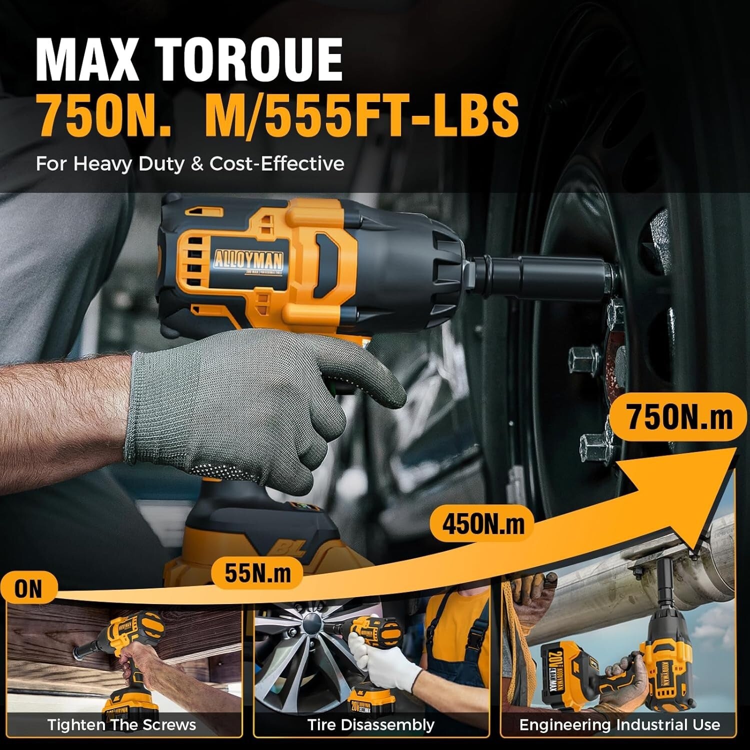 Efficient Cordless Impact Wrench 750 N.m Torque - Complete Tool Package