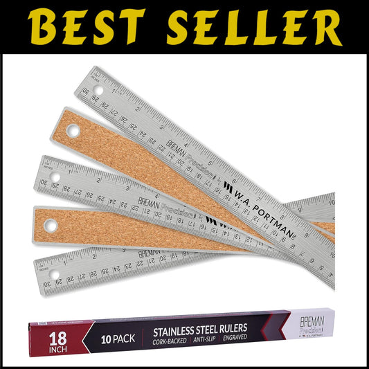 Durable 10-Pack 18 Inch Cork-Backed Metal Rulers for Accurate Measuring