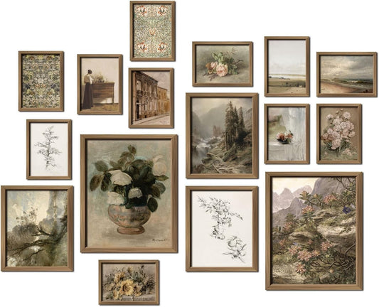 16 Piece Vintage Wall Art Set - Framed Farmhouse Decor for Bedroom & Living Room