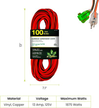 Load image into Gallery viewer, Moisture Resistant 100ft Extension Cord with Lighted End – Perfect for Outdoors