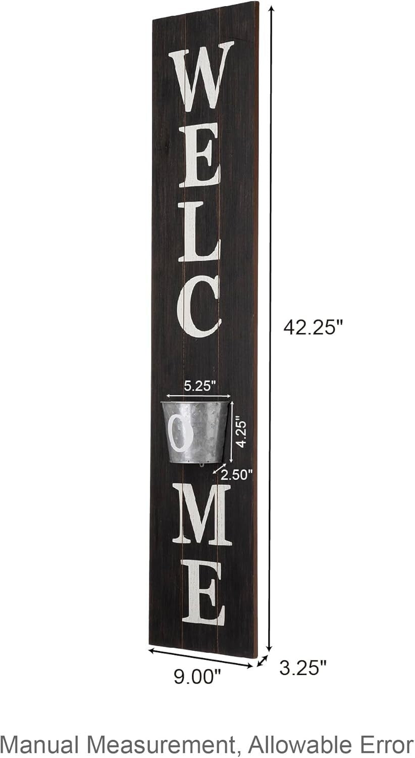 Elegant Vertical Farmhouse Welcome Sign with Black Hanging Planter Decoration