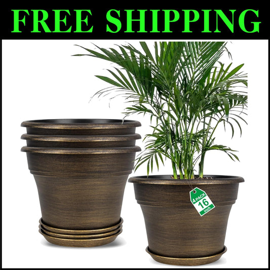 Stylish Resin Plant Pots 16-Inch with Drainage Holes - Dark Gold, Set of 4