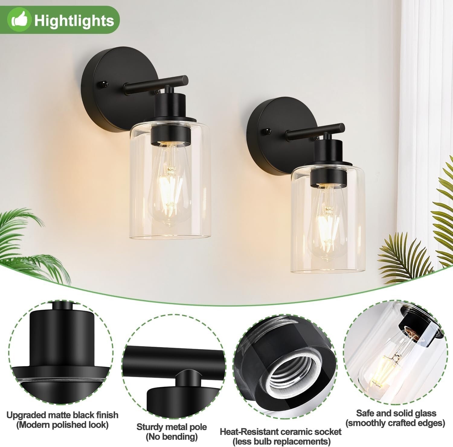 Versatile 2-Pack Modern Black Sconces with Glass Shade for Stylish Lighting