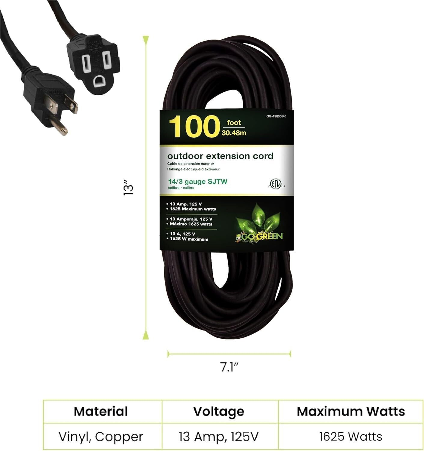 Moisture Resistant 100ft Black Extension Cord - 13A, 125V for Outdoor Tools