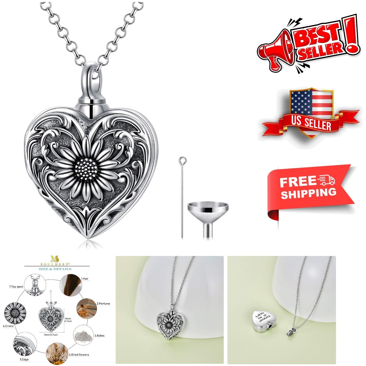 Sterling Silver Sunflower Cremation Necklace for Ashes - Forever In My Heart