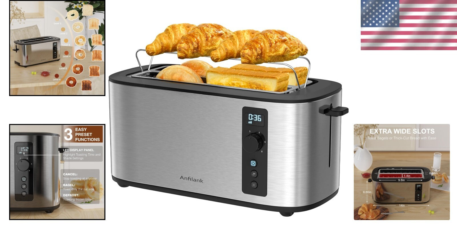 Elegant 4-Slice Toaster with 1.5" Slots & 6 Browning Settings – Ideal for Bagels