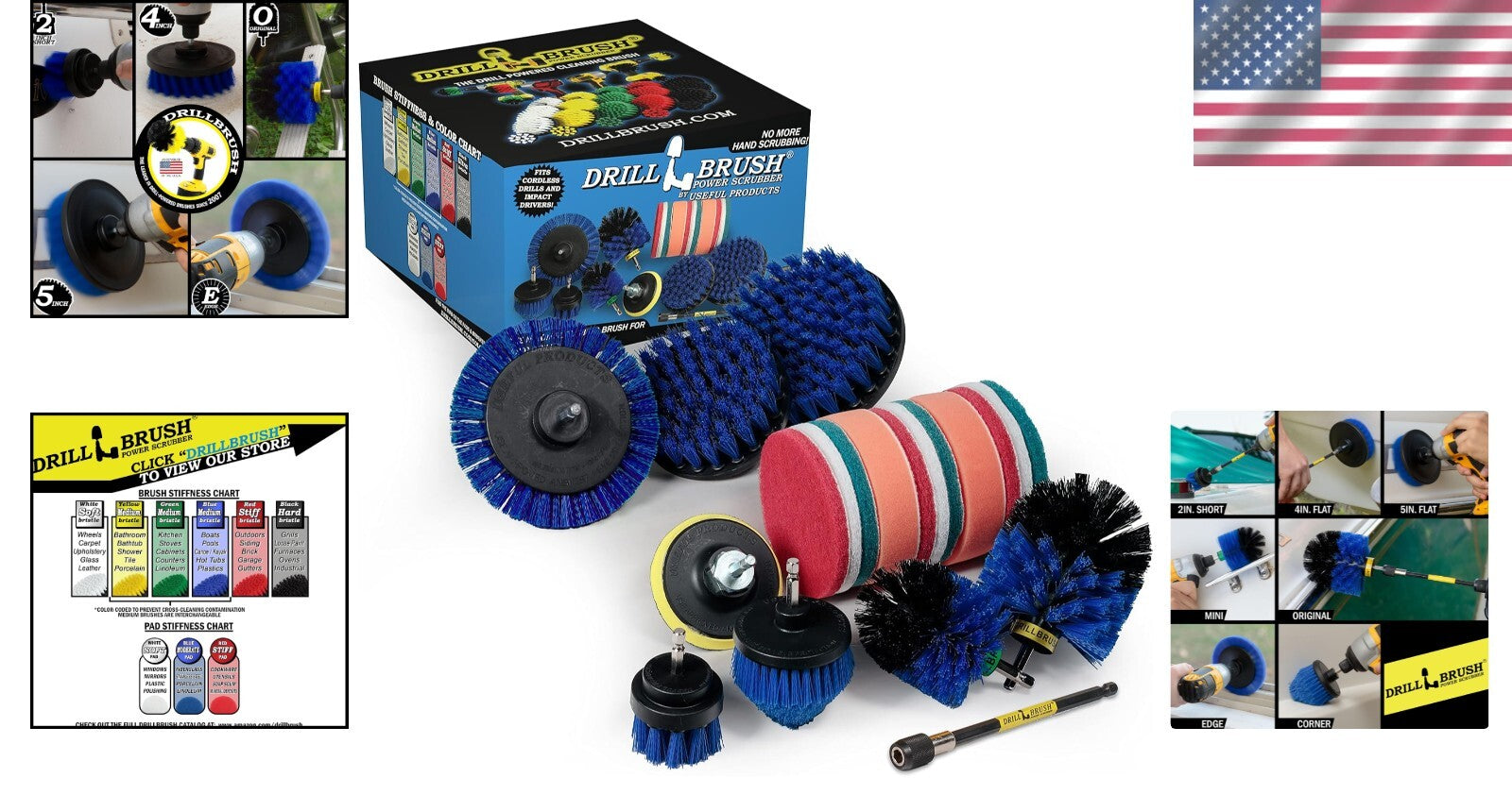 Professional 21-Piece Drill Brush Set with Blue Bristles for Pool and Boat Care