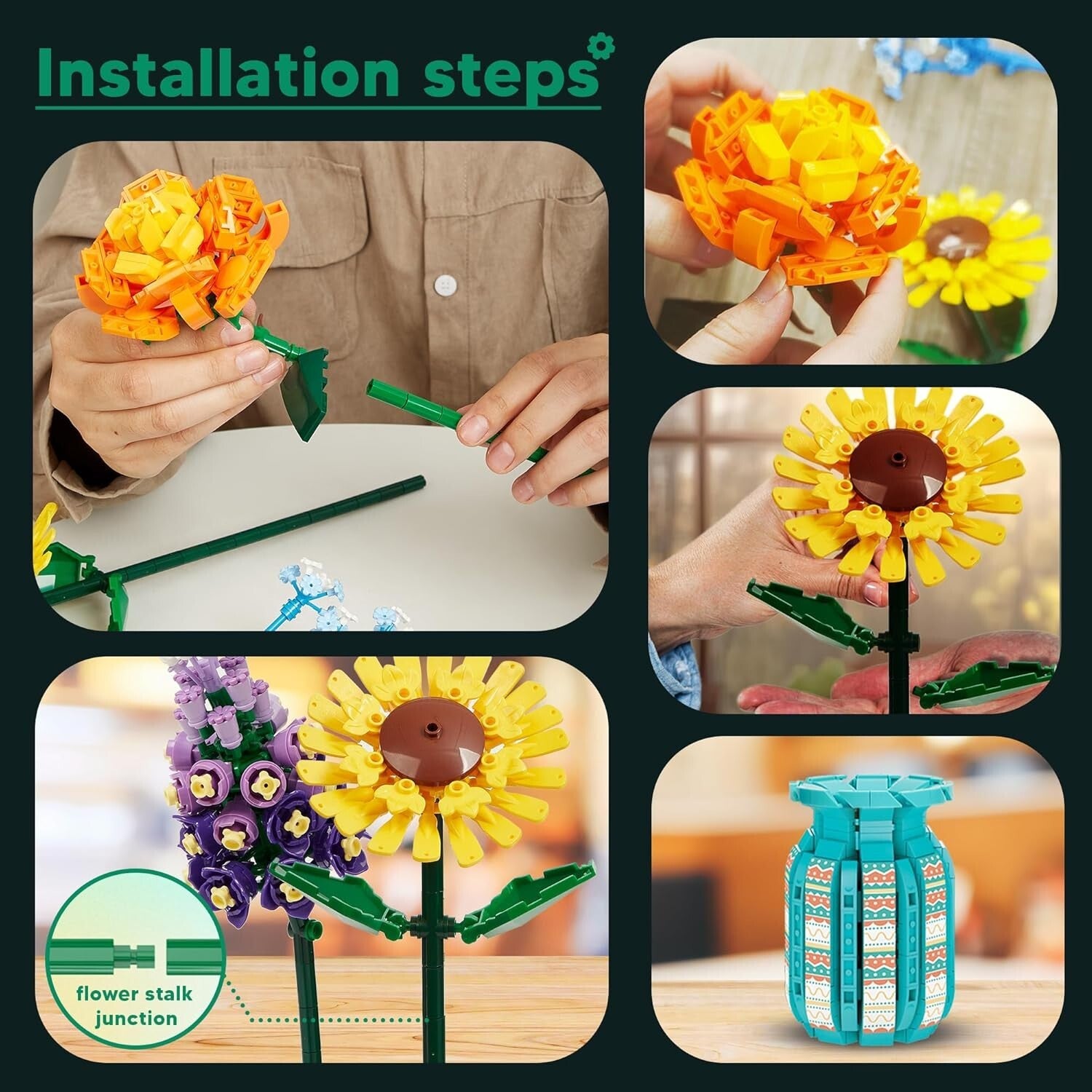 Creative 1853pcs Floral Building Blocks Set with Adjustable Stems for Home Decor