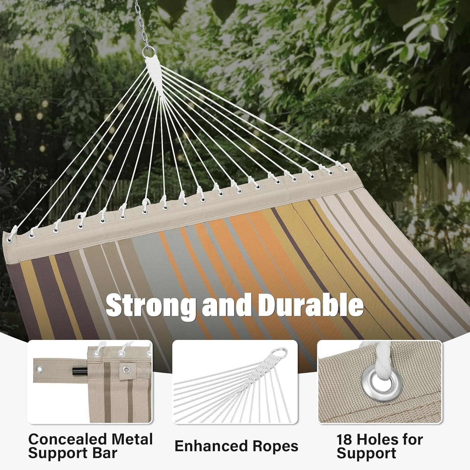 Double Hammock with Concealed Support Bar – 450 lbs Capacity, Quick Dry Fabric