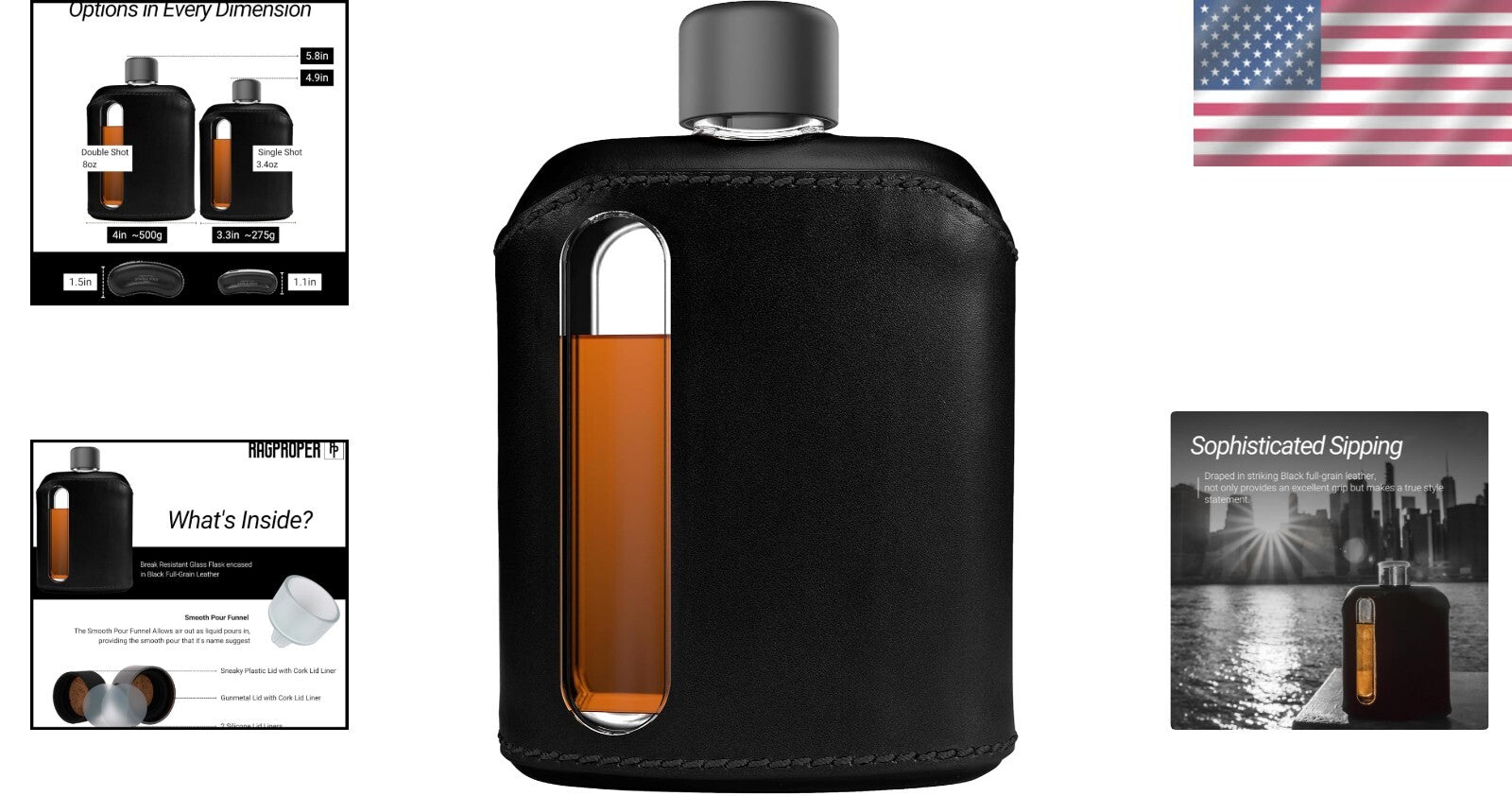 Modern Leather Covered Glass Hip Flask for Whiskey - Double Shot 240ml