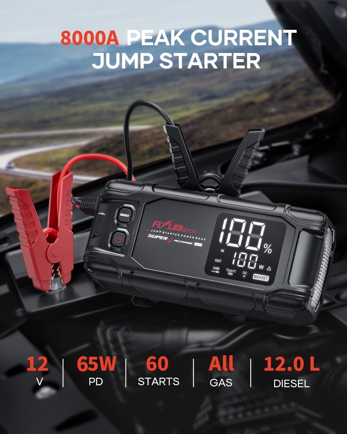 Fast Charging 8000A Automotive Jump Starter with LED Display & Safety Features