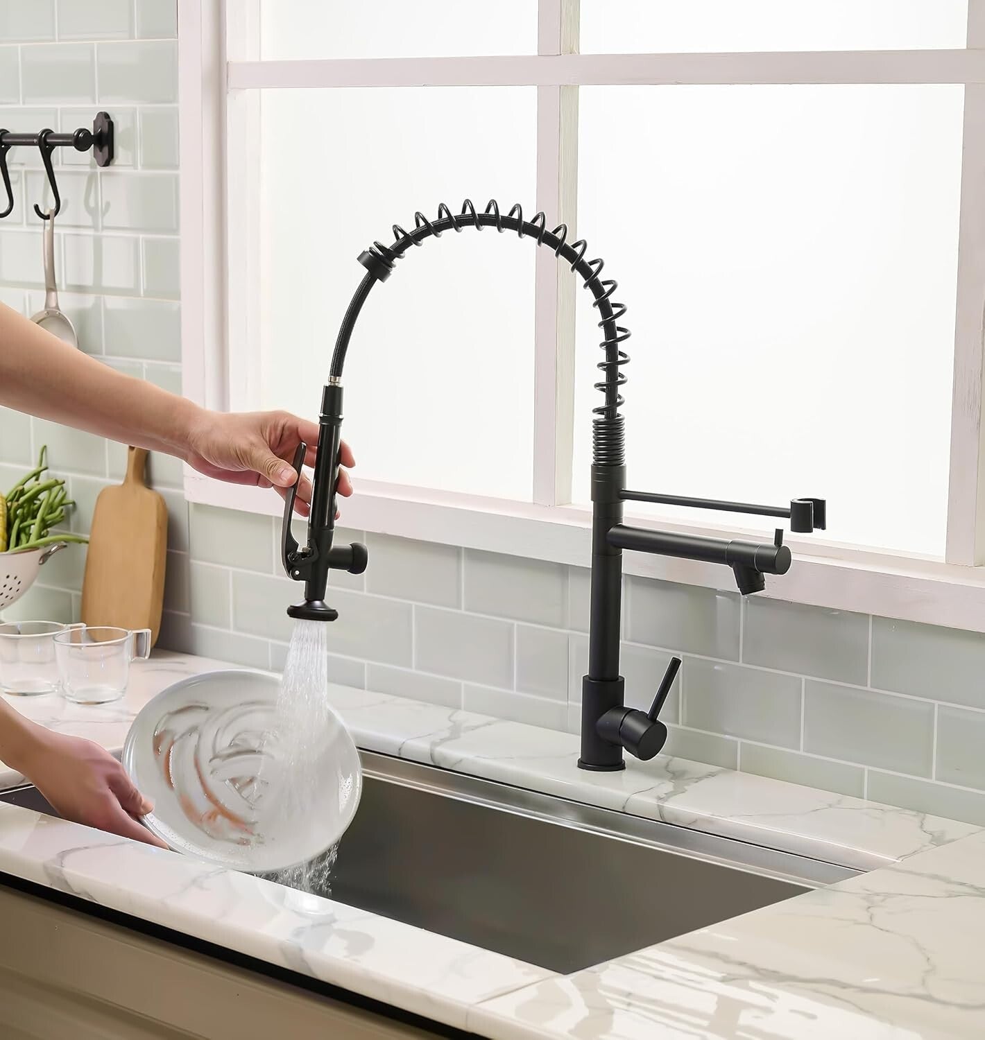 Elegant Matte Black Gooseneck Faucet with Pull Down Sprayer for Modern Kitchens
