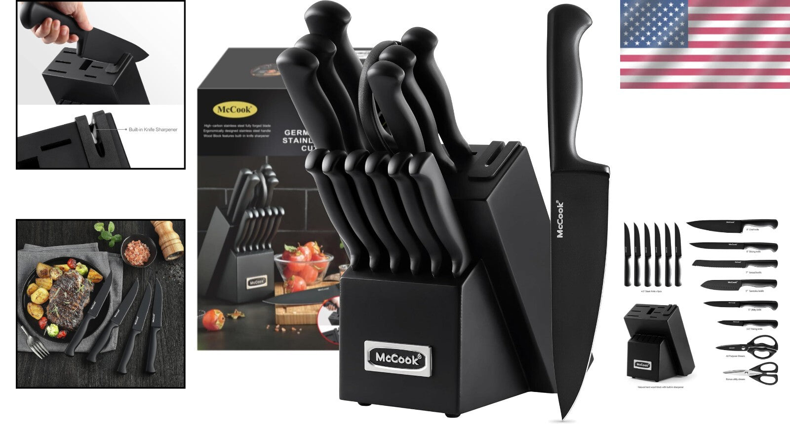 Stylish 15-Piece Non-Stick Knife Set with Built-In Sharpener - Ideal for Gifting