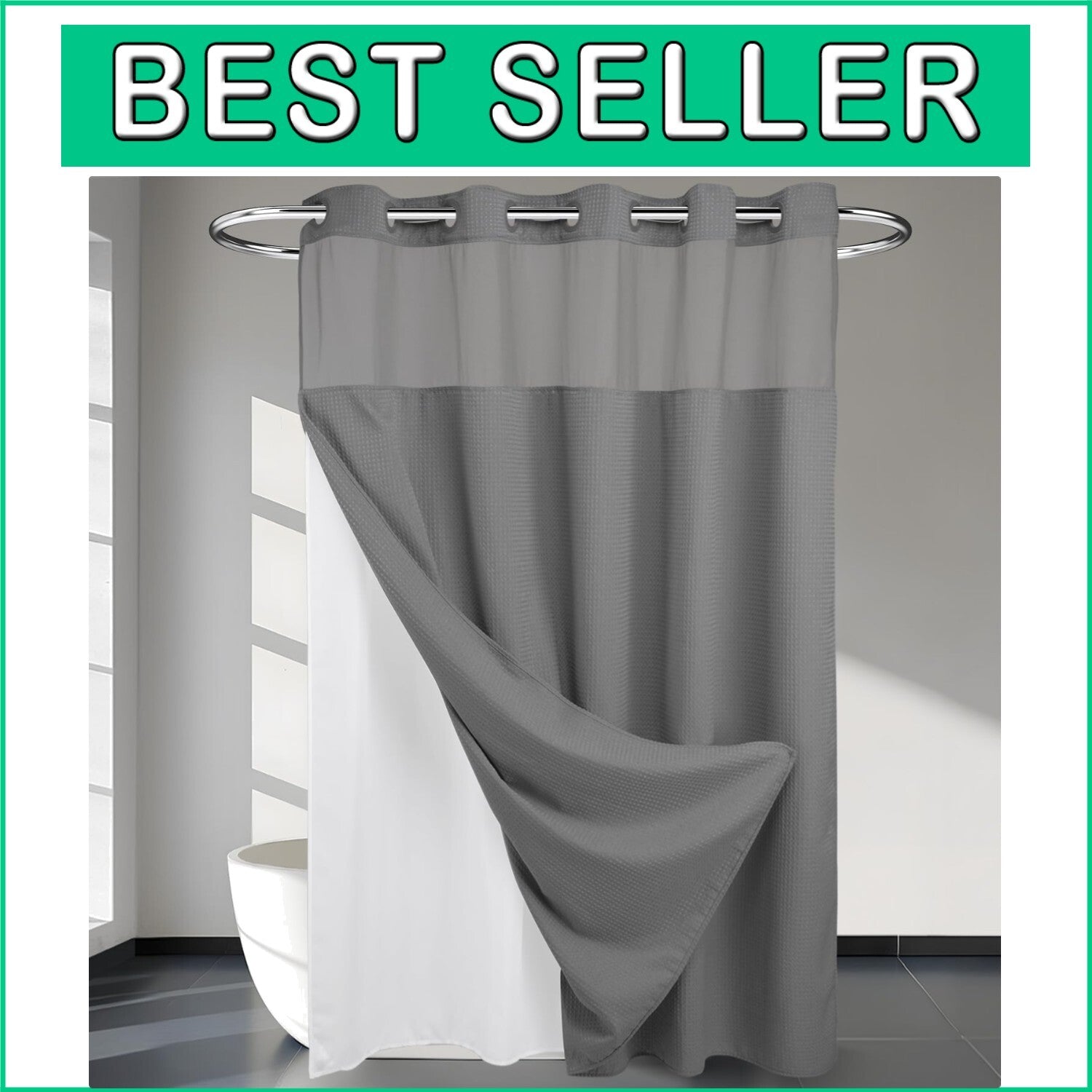 Elegant Heavyweight No Hooks Required Shower Curtain with Snap-In Liner - Gray