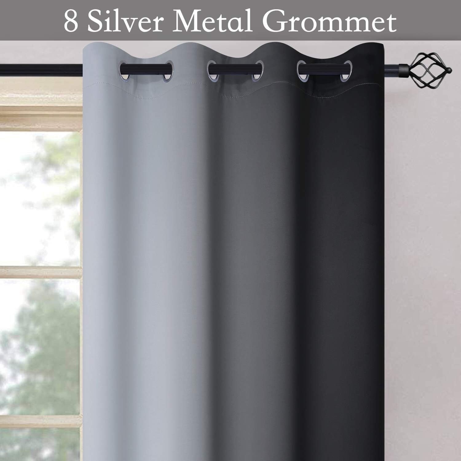 Soft Gradient Black and Grey Grommet Curtains, 2 Panels 52x72 - Noise Reduction