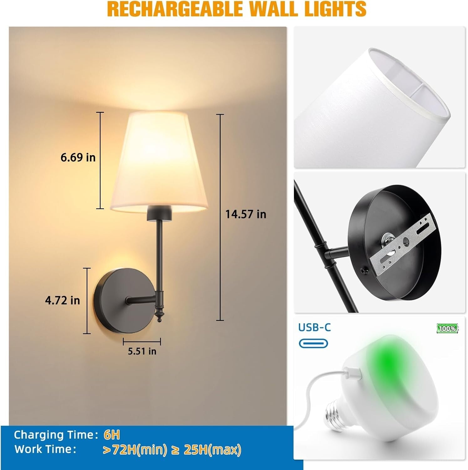 14.5" Wireless Battery Operated Wall Sconce Set of 2 - Dimmable & Remote Control