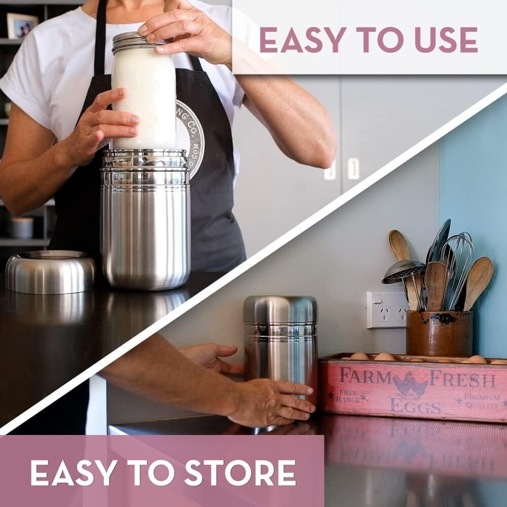 Compact Stainless Steel Yogurt Maker with 1 Quart Glass Jar & Recipe Book