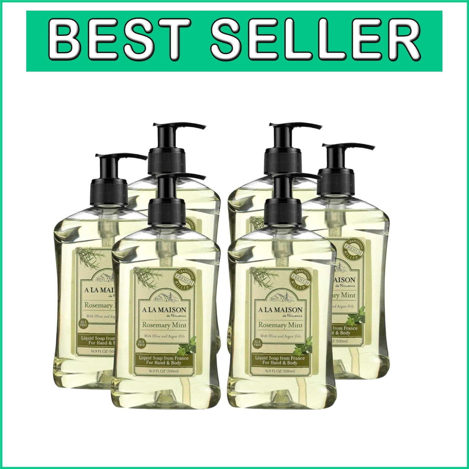 Vegan Rosemary Mint Liquid Soap - Triple Milled, Eco-Friendly Skincare 6 Pack