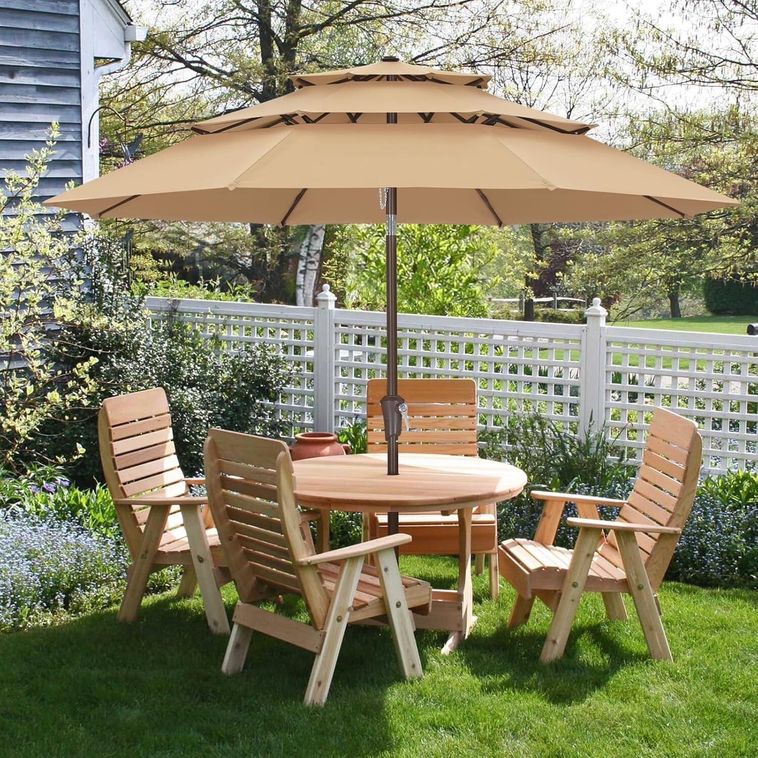 10FT Khaki 3-Tier Patio Umbrella - Stylish Sun Shade for Outdoor Comfort