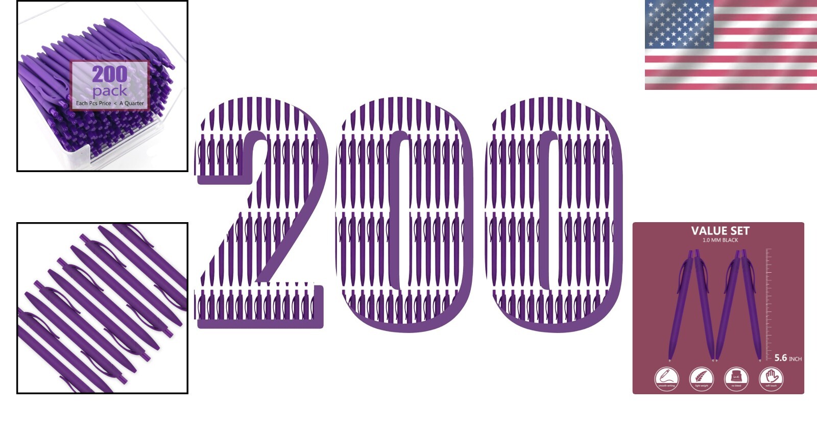 Bulk 200 Retractable Purple Barrel Pens - Medium Point, Smooth Writing Solutions