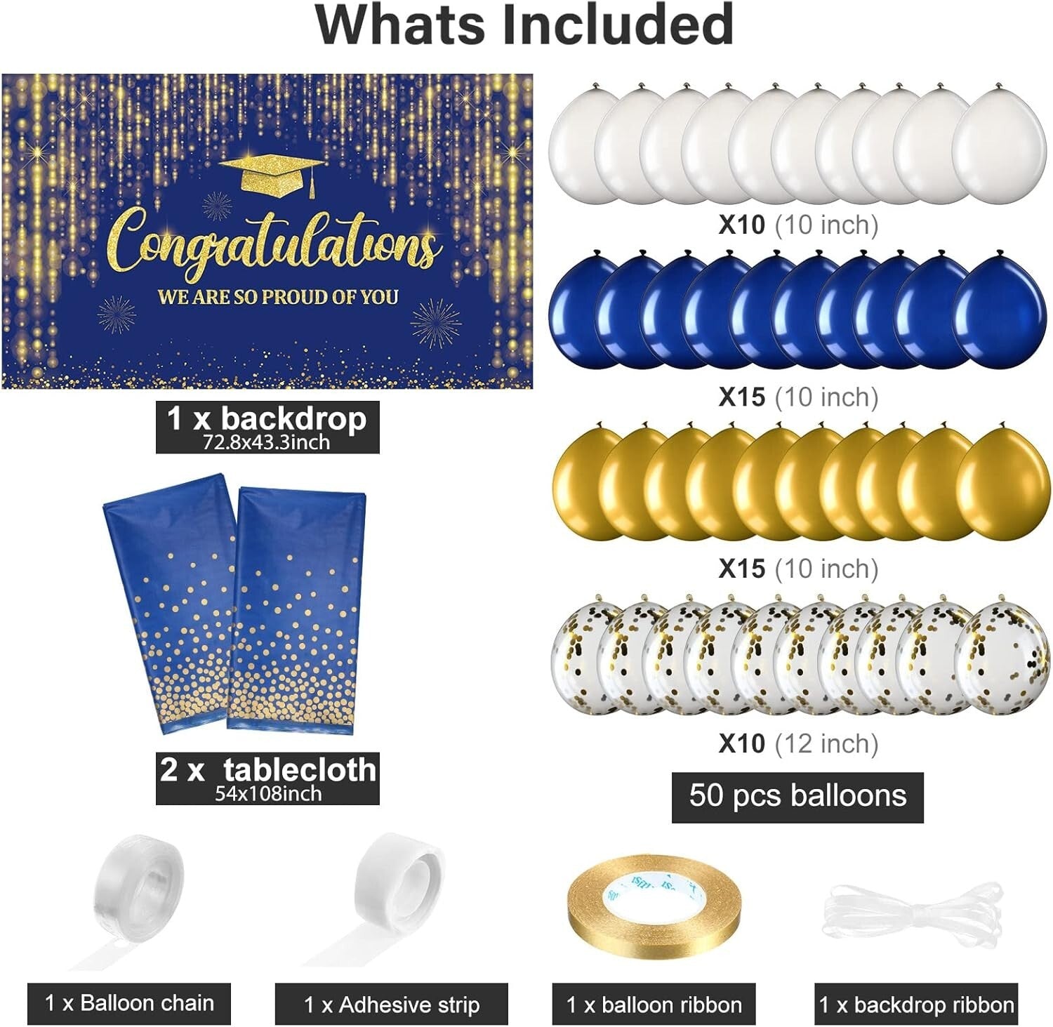 Complete Graduation Decor Bundle - Balloons, Backdrop & Gold Dot Tablecloths