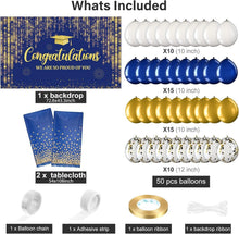 Load image into Gallery viewer, Complete Graduation Decor Bundle - Balloons, Backdrop &amp; Gold Dot Tablecloths
