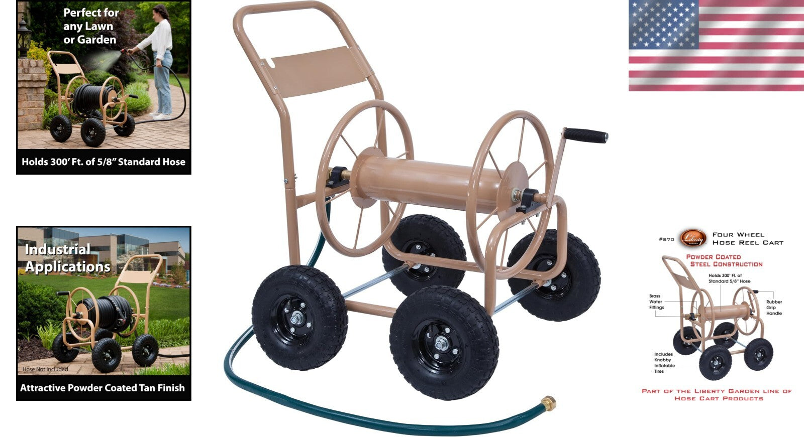 Durable Manual Hose Reel Cart - 300ft Capacity & Smooth Rolling Pneumatic Tires