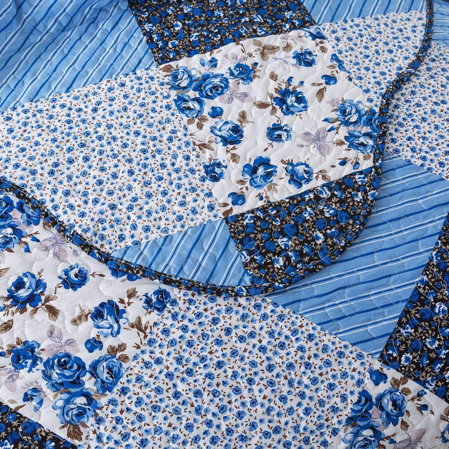 California King Quilt Set - 120x120 Blue Rustic Floral Bedspread & 2 Pillowcases