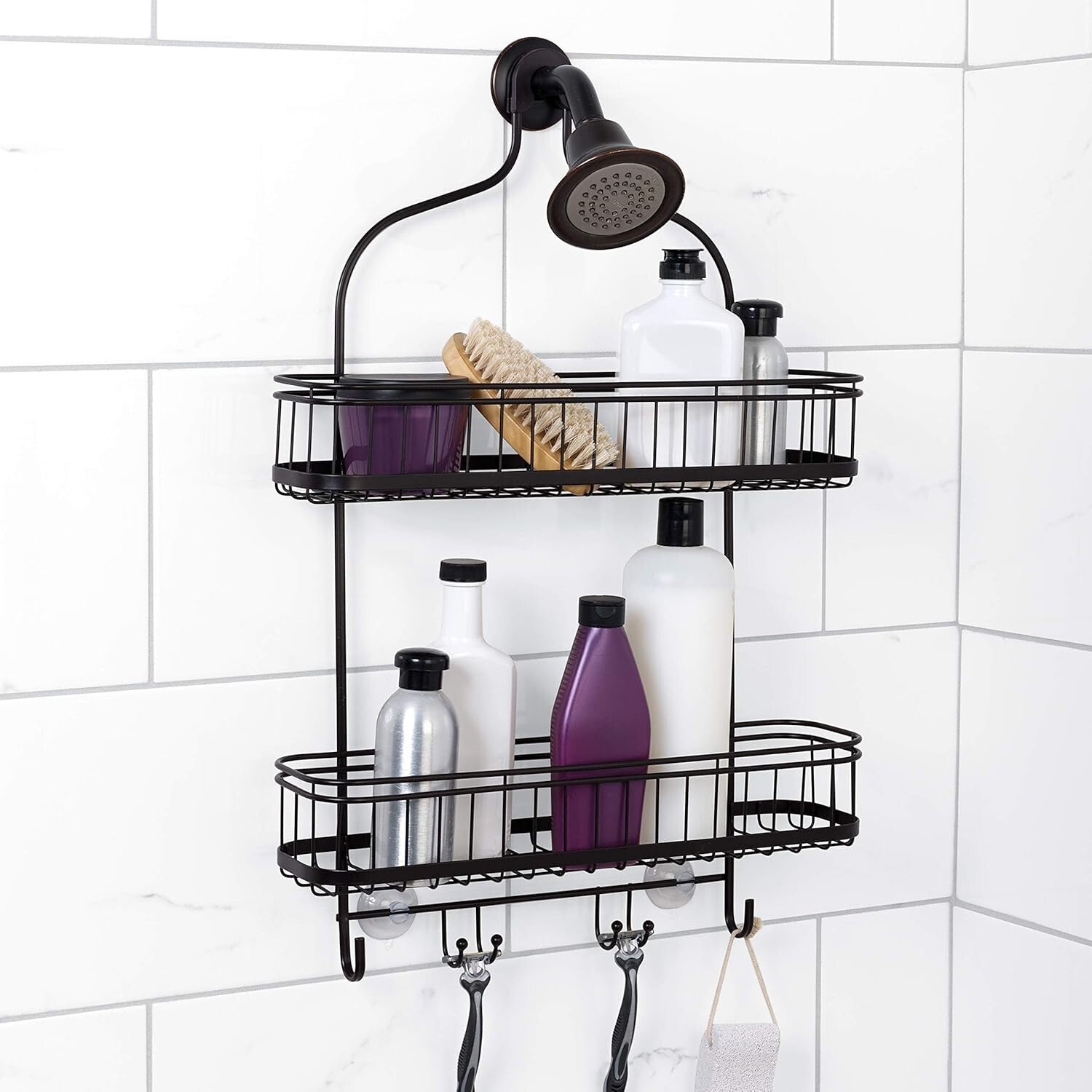 Elegant Rust-Resistant Shower Caddy with Extra Wide Shelves & Hooks - Bronze