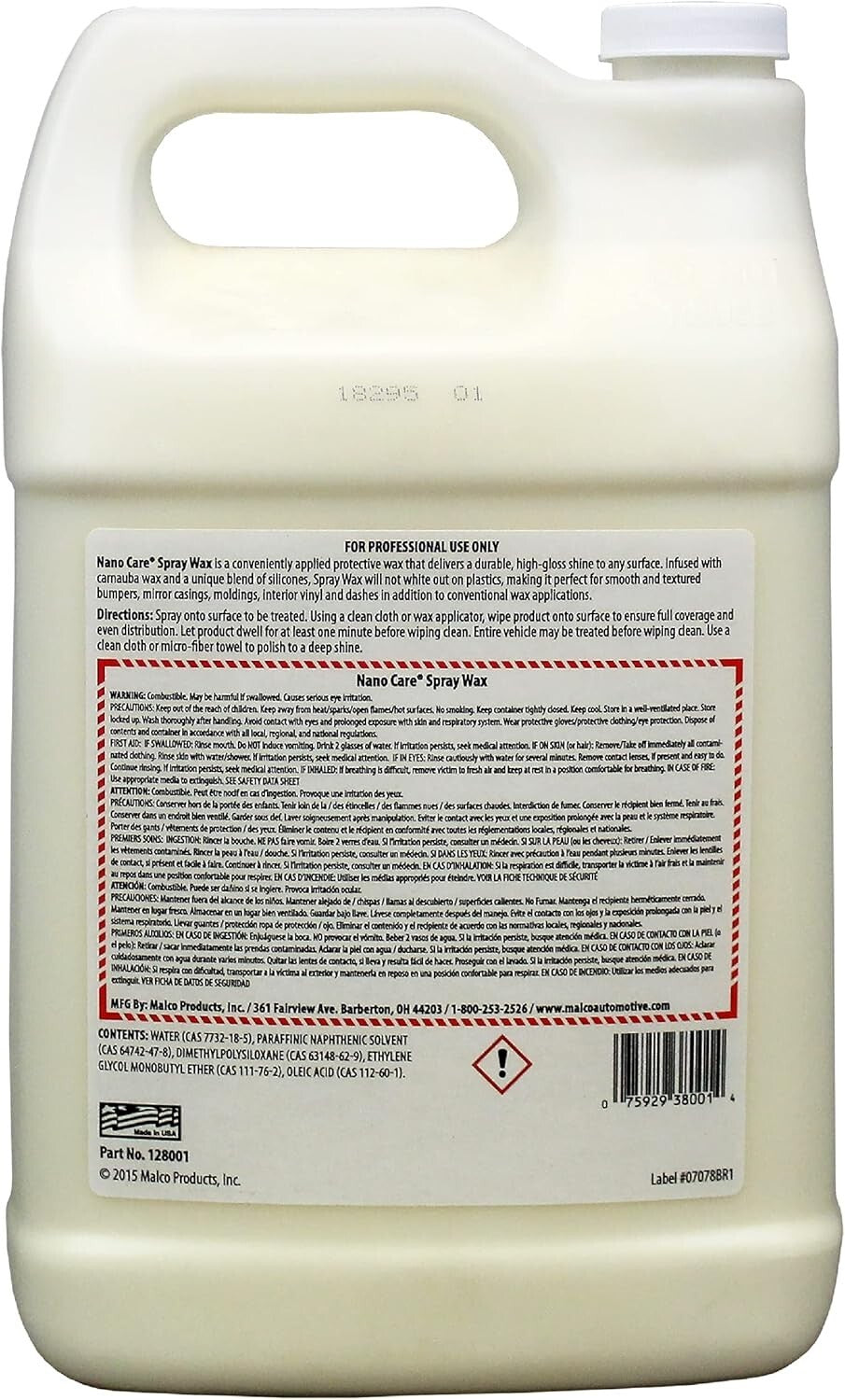 Professional Grade 2-in-1 Nano Care Spray Wax - 1 Gallon Interior & Exterior