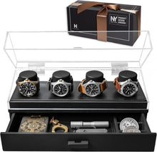 Load image into Gallery viewer, Premium 4-Slot Wooden Watch Display Case with Accessory Drawer – Black or Walnut