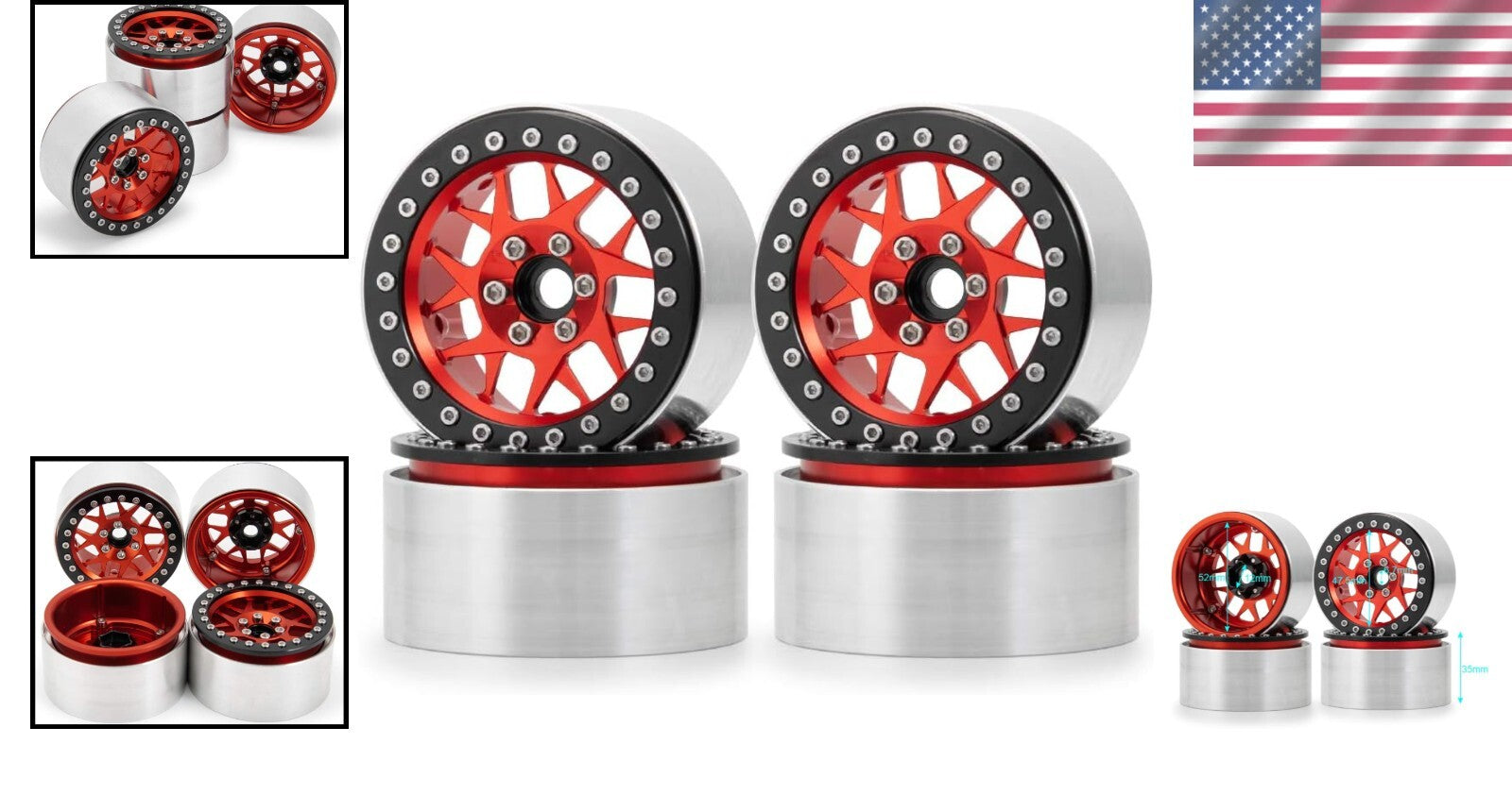 Stylish Red Beadlock Wheels - Upgrade Your 1/10 RC Crawler's Performance