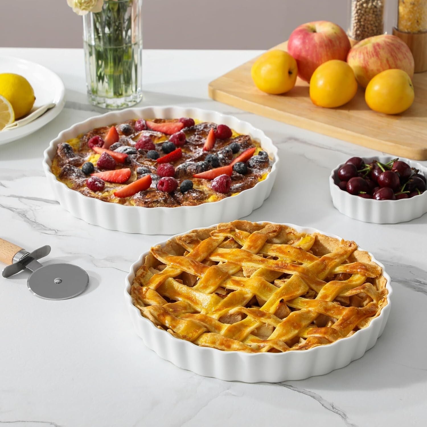 Durable Non-Stick Ceramics 10-Inch Pie Plates with Ruffled Edges, Set of 2