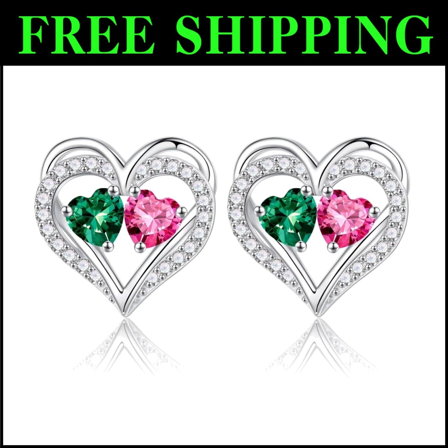925 Sterling Silver Double Birthstone Heart Earrings - Meaningful Gifts for W...