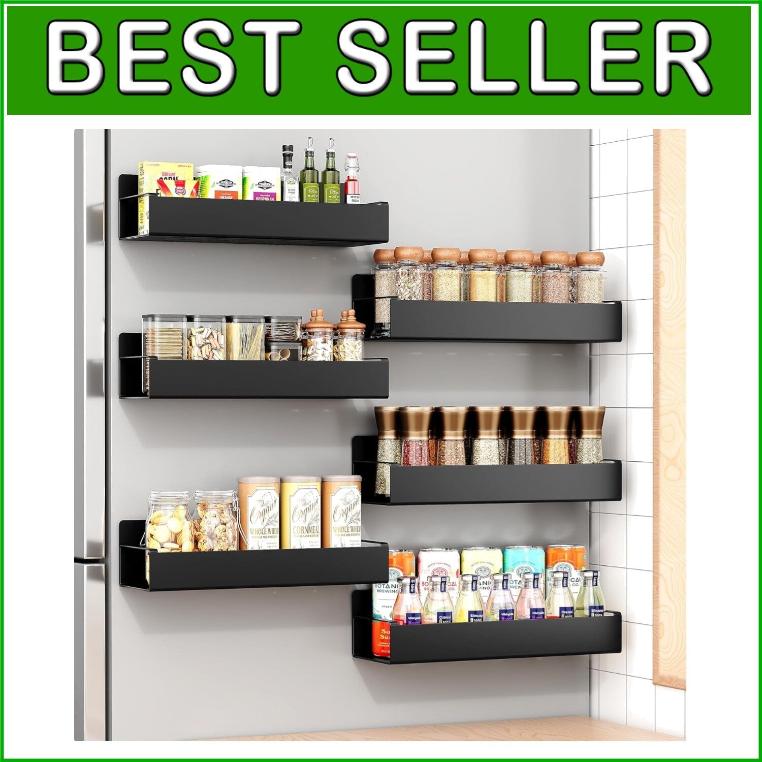 6-Pack Moveable Metal Black Magnetic Spice Racks - Modern Kitchen Organizer