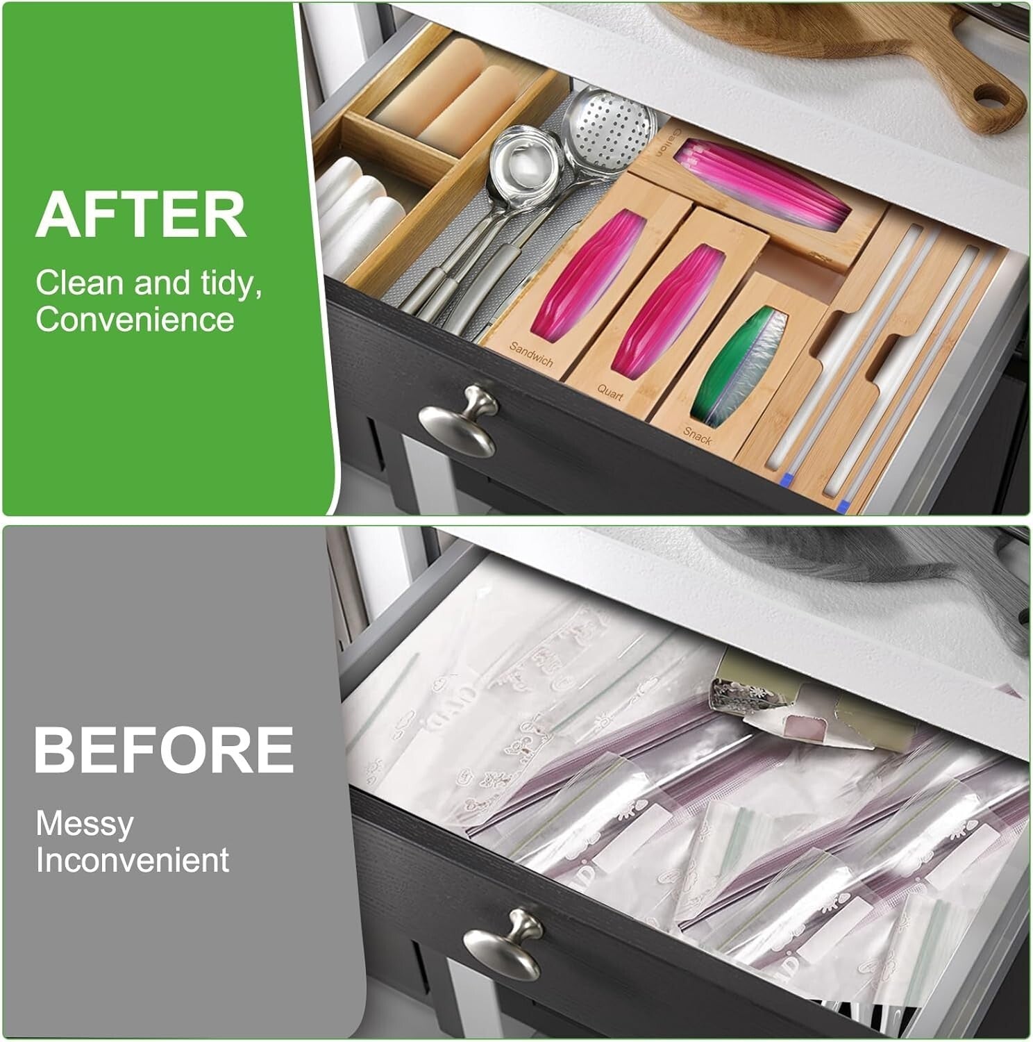 Elegant 5-In-1 Kitchen Drawer Organizer with Bamboo and Plastic Wrap Holder