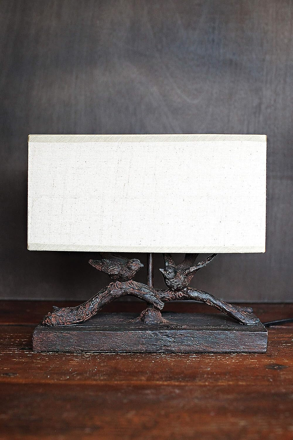 Elegant Rustic Bird Table Lamp with Antique Bronze Finish & White Shade