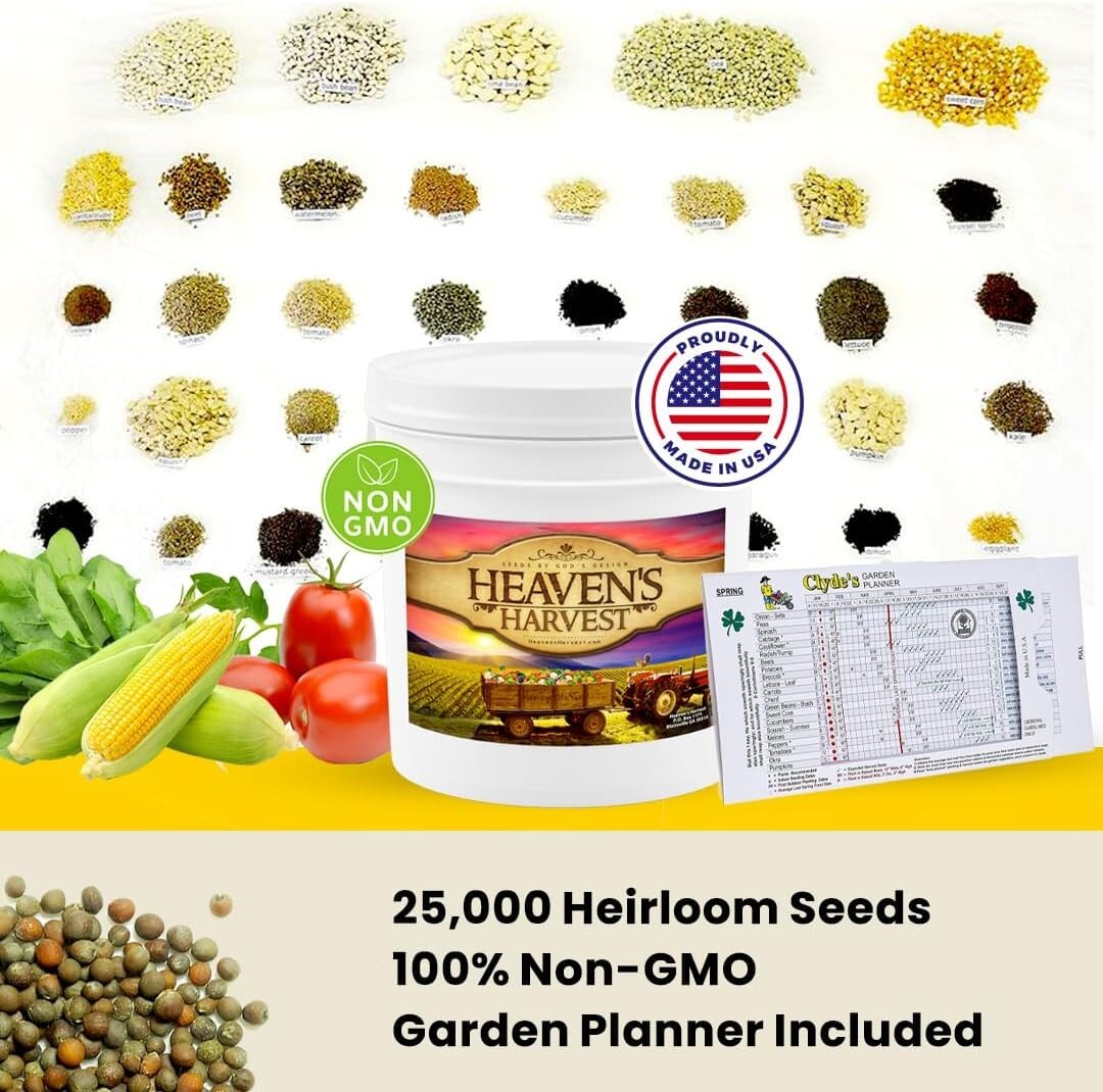 Heaven’s Harvest 10-Year Vegetable Seed Bank Kit - 50K+ Non-GMO Seeds & Storage