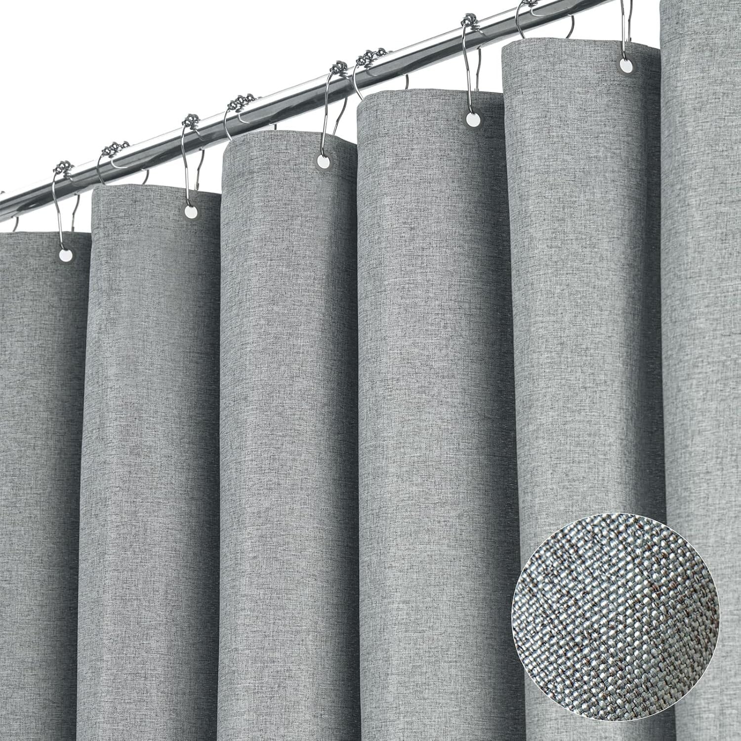 Extra Wide 108x72 Inch Waterproof Linen Textured Shower Curtain Set in Grey