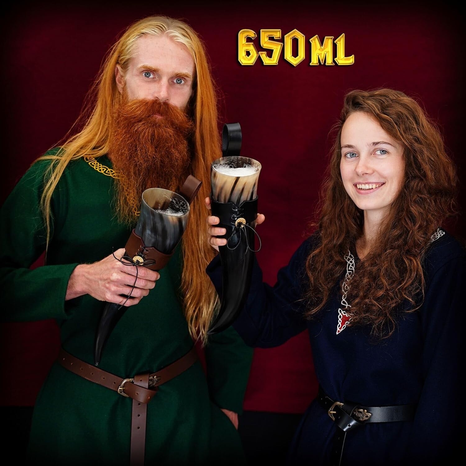 Authentic Viking Drinking Horn with Leather Holder - 650 ML for Medieval Events