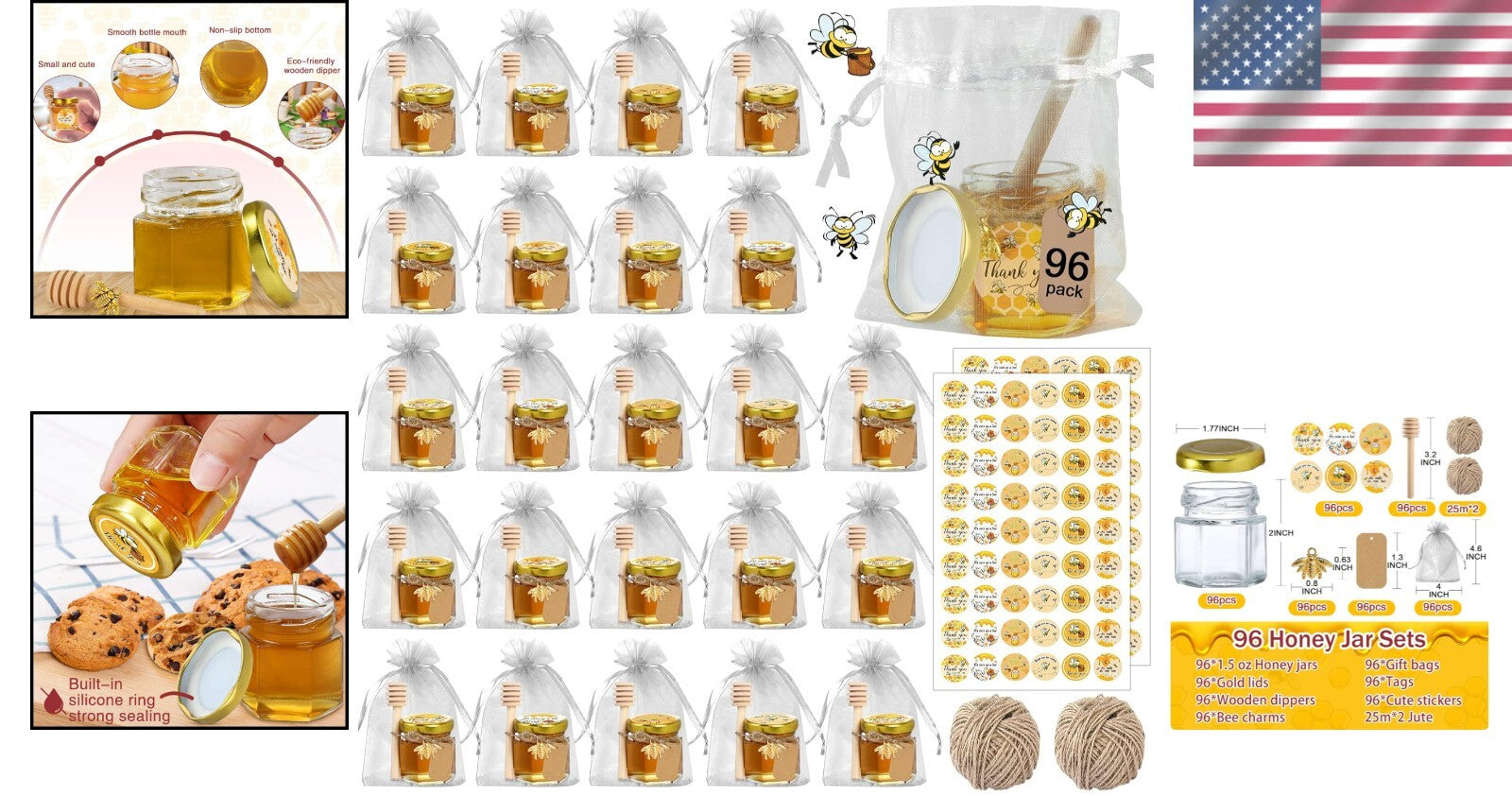 Cute 96 Pack Glass Honey Jars with Accessories – Ideal for Weddings & Birthdays