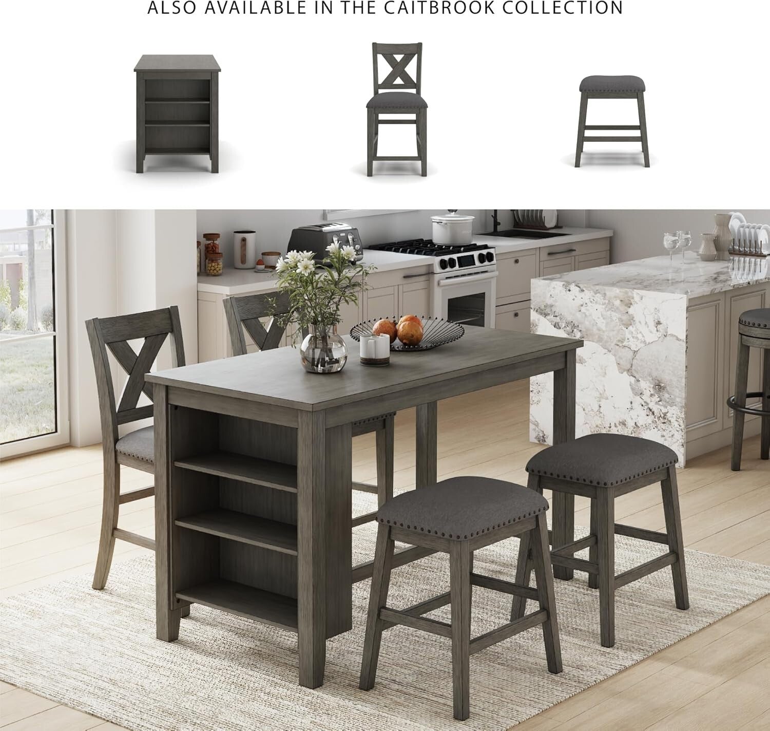Caitbrook Rustic Gray Counter Height Upholstered Barstools - Set of 2