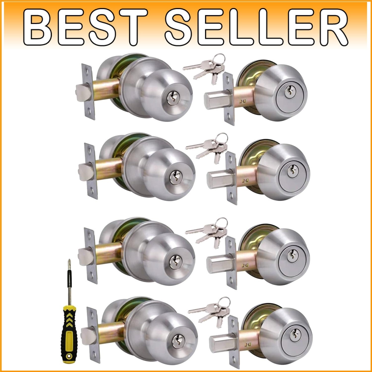 Durable Satin Nickel Door Knob Set with Deadbolt - 4 Same Keyed Security