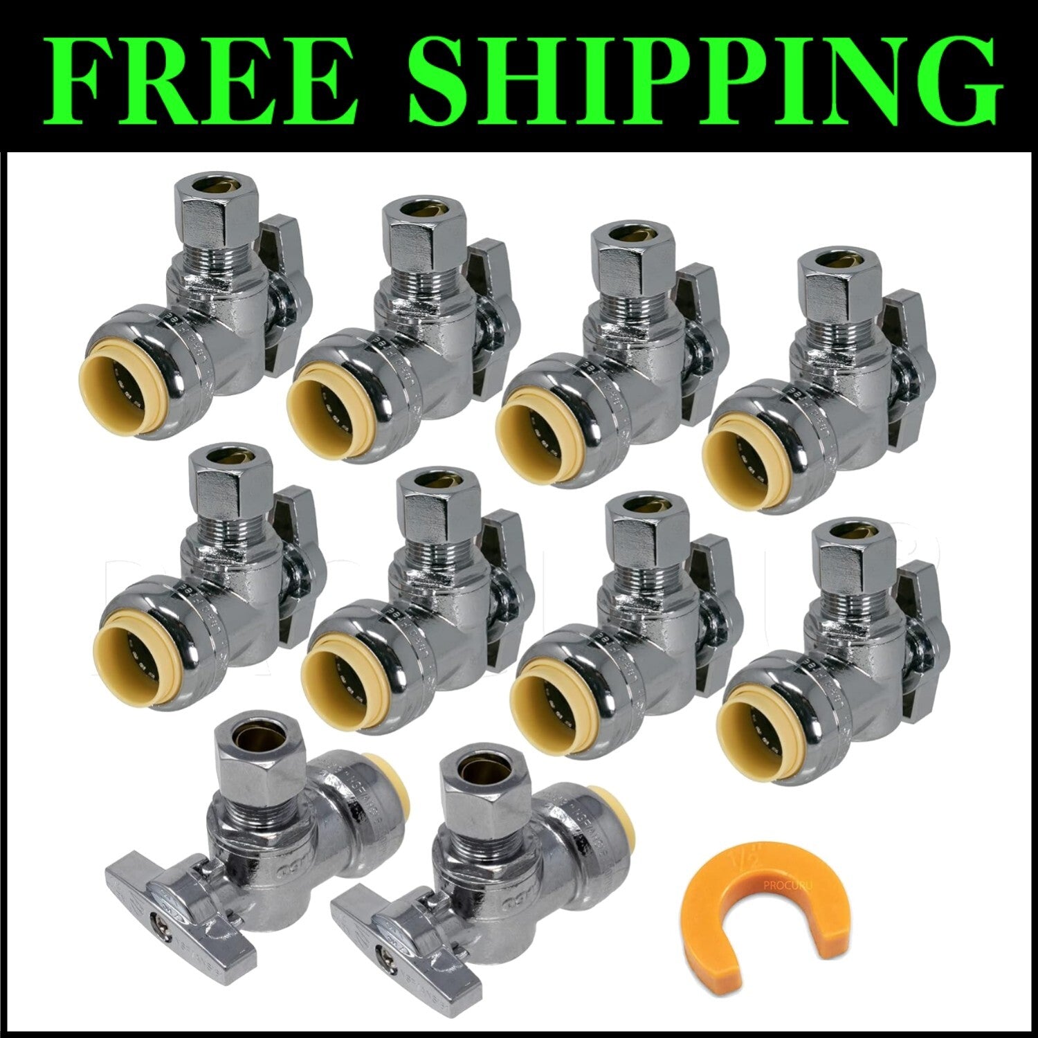 10-Pack PushFit Brass Angle Stop Valves 1/2" Nom x 3/8" OD for Reliable Plumbing